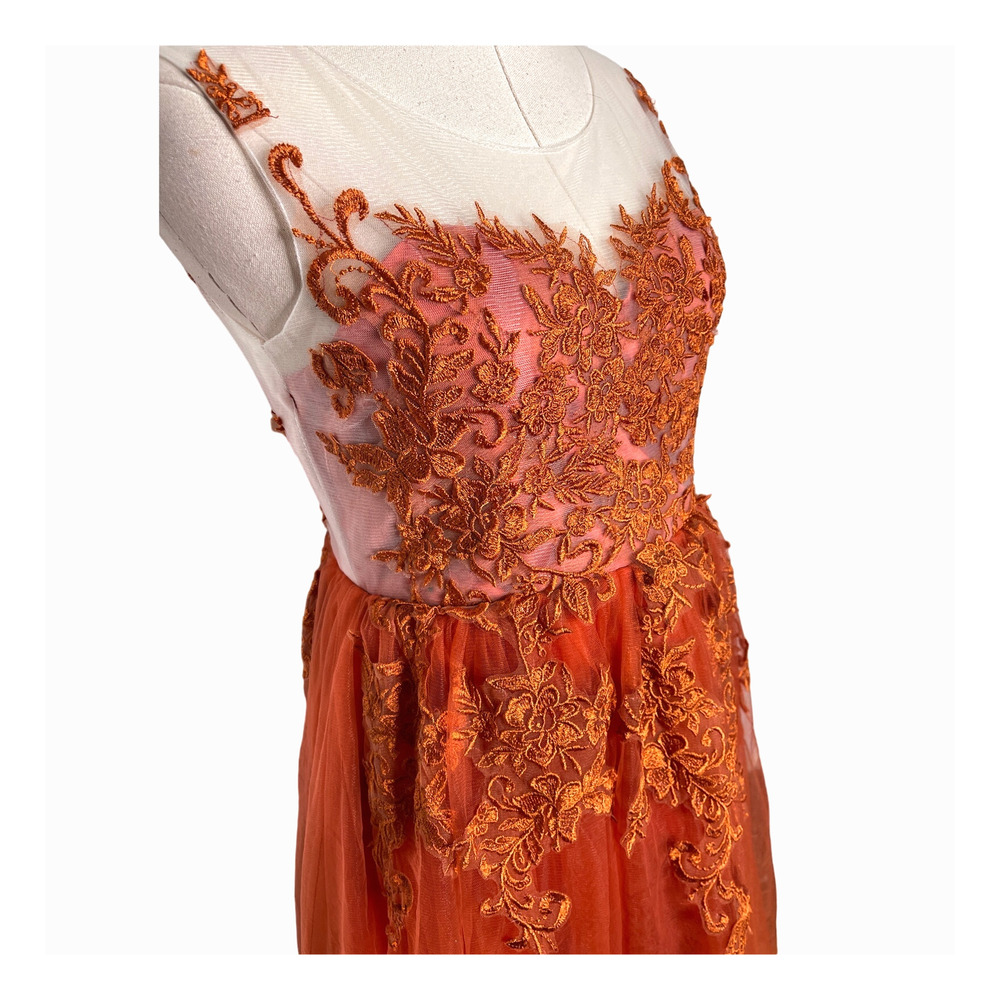 Vintage 1950s Embroidered Tulle Ballgown Couture Prom Dress Orange MINT Size 4 - Picture 7 of 15